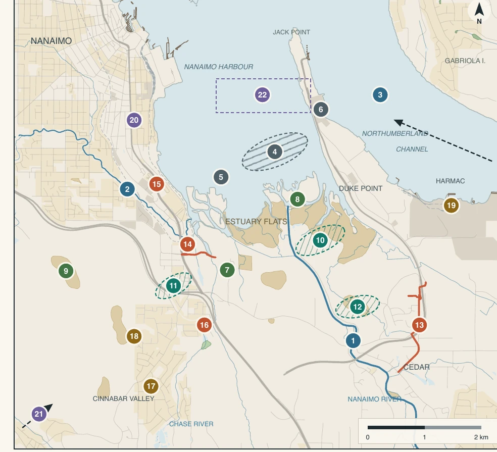 Numbered training map of the Nanaimo River Estuary showing components 1 through 22, water, wetlands, roads and industrial shoreline.